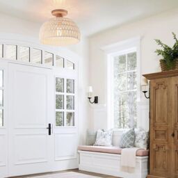 Garwarm Rattan Ceiling Light, Boho Semi Recessed Ceiling Light, E27 Vintage Chandelier Rustic White rattan Lamp, Bulb not included - thumbnail 8