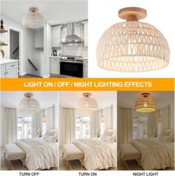 Garwarm Rattan Ceiling Light, Boho Semi Recessed Ceiling Light, E27 Vintage Chandelier Rustic White rattan Lamp, Bulb not included - thumbnail 3
