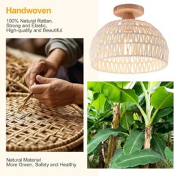 Garwarm Rattan Ceiling Light, Boho Semi Recessed Ceiling Light, E27 Vintage Chandelier Rustic White rattan Lamp, Bulb not included - thumbnail 2