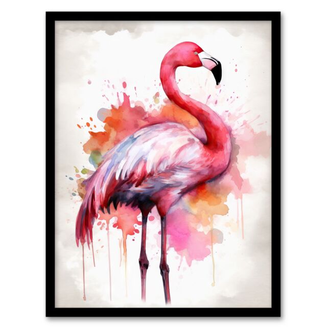 Artery8 Wall Art Print Watercolour Flamingo Pink Ink Splat Design Watercolour Art Framed - Size: A4 - image 1