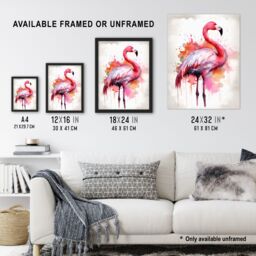 Artery8 Wall Art Print Watercolour Flamingo Pink Ink Splat Design Watercolour Art Framed - Size: A4 - thumbnail 3