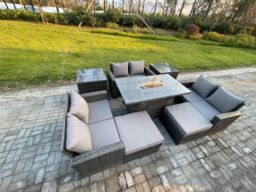 Fimous High Back Rattan Garden Furniture Sofa Sets with Outdoor Furniture Gas Firepit Dining Table Set 2 Side Tables in Dark Grey - thumbnail 2