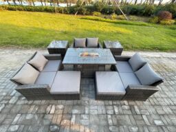 Fimous High Back Rattan Garden Furniture Sofa Sets with Outdoor Furniture Gas Firepit Dining Table Set 2 Side Tables in Dark Grey - thumbnail 1