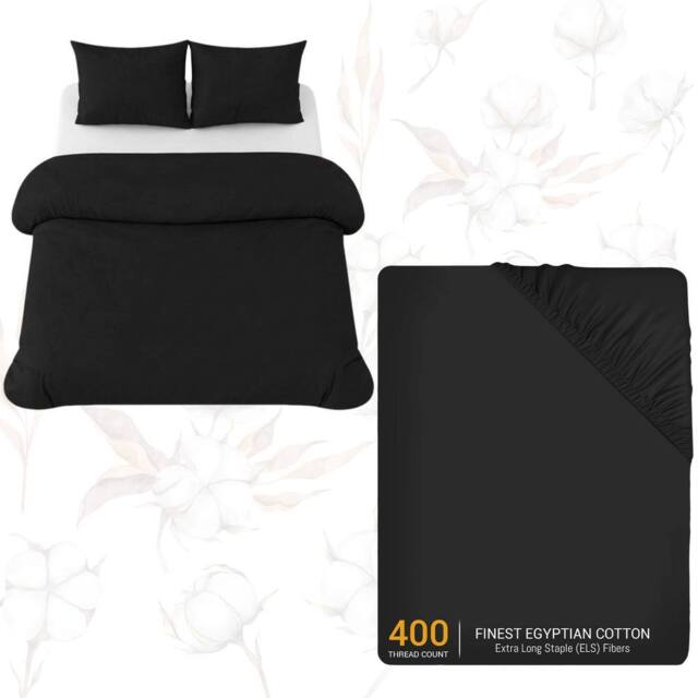 Grace Luxury Cotton Duvet Cover Set with Matching Fitted Sheet in Black - Size: Double - image 1