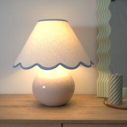 ValueLights Bosco Natural Stone Globe Ceramic Table Lamp with Linen Scalloped Lamp Shade in Blue