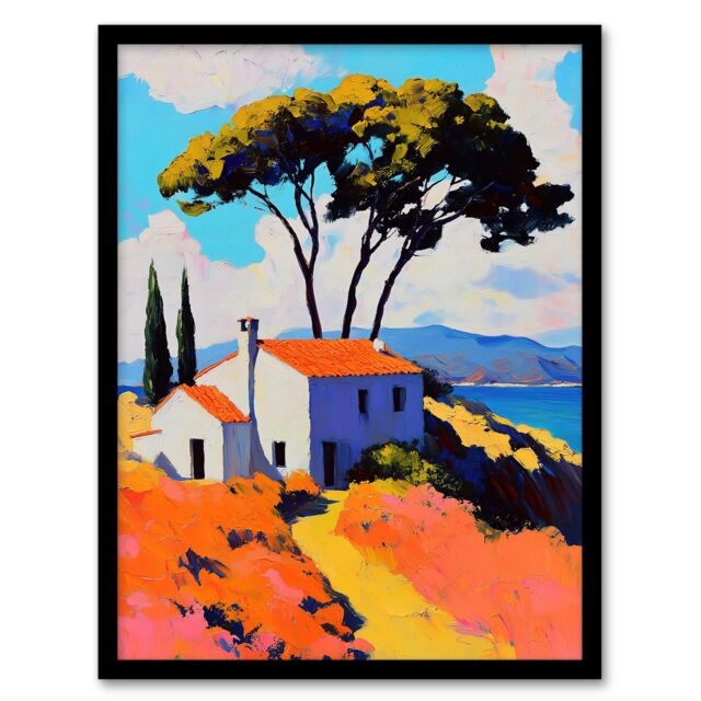 Artery8 Italian Seaside Villa in Spring Vibrant Painting Framed Art Print in Orange - Size: A4 - image 1