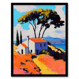 Artery8 Italian Seaside Villa in Spring Vibrant Painting Framed Art Print in Orange - Size: A4 - thumbnail 1