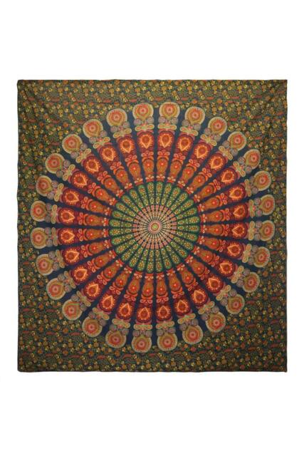 KDMD Double Cotton Bedspread & Wall Hanging - Peacock Mandala, Green - image 1