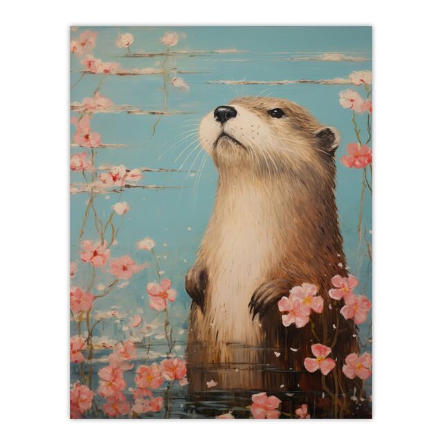 "Artery8 Otter On The Water Scent Of Pink Hibiscus Blooms Oil Painting Extra Large XL Unframed Wall Art Poster Print - Size: W24"" x H32""" - image 1