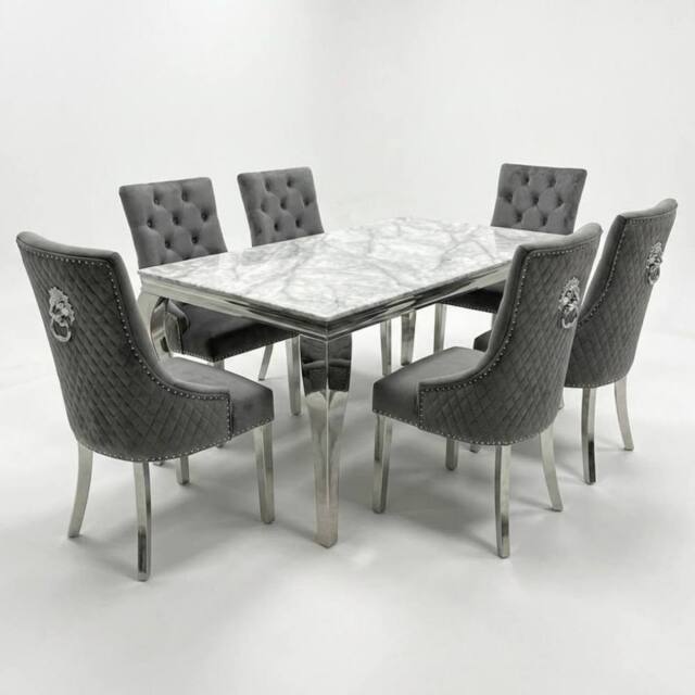 HOME LUXE INTERIOR Sofia 1.6m Cream Gold Dining Table & 6 Grey Lion Back Velvet Chairs - Size: 160 cm - image 1
