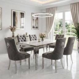 HOME LUXE INTERIOR Sofia 1.6m Cream Gold Dining Table & 6 Grey Lion Back Velvet Chairs - Size: 160 cm - thumbnail 2