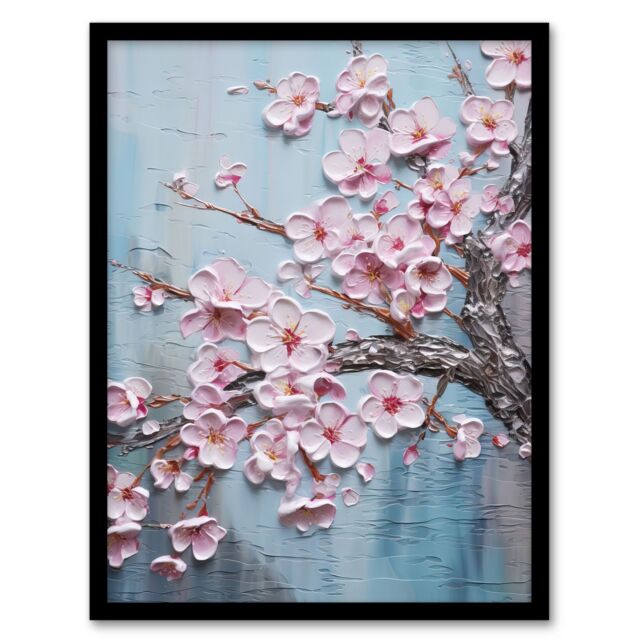Artery8 Wall Art Print Cherry Blossom Splendor Delicate Elegant Pink & Soft Blue Oil Painting Art Framed in Black - Size: A4 - image 1