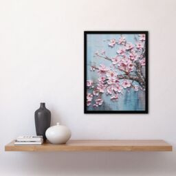 Artery8 Wall Art Print Cherry Blossom Splendor Delicate Elegant Pink & Soft Blue Oil Painting Art Framed in Black - Size: A4 - thumbnail 4