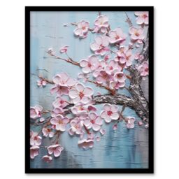 Artery8 Wall Art Print Cherry Blossom Splendor Delicate Elegant Pink & Soft Blue Oil Painting Art Framed in Black - Size: A4 - thumbnail 1