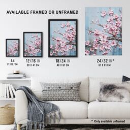 Artery8 Wall Art Print Cherry Blossom Splendor Delicate Elegant Pink & Soft Blue Oil Painting Art Framed in Black - Size: A4 - thumbnail 3