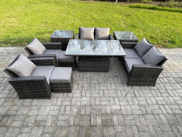 Fimous Outdoor Garden Furniture Sets 9 Pieces Wicker Rattan Furniture Sofa Dining Table Set with 2 Small Footstools 2 Side Table in Dark Grey