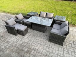 Fimous Outdoor Garden Furniture Sets 9 Pieces Wicker Rattan Furniture Sofa Dining Table Set with 2 Small Footstools 2 Side Table in Dark Grey - thumbnail 2
