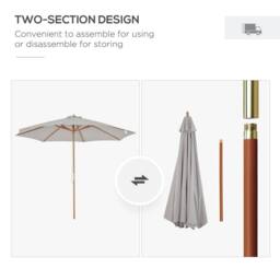 OUTSUNNY 3m Fir Wooden Garden Parasol Sun Shade Outdoor Umbrella Canopy in Grey - thumbnail 7