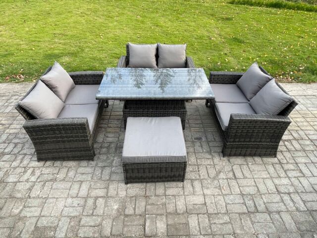Fimous 7 Seater Rattan Wicker Garden Furniture Patio Conservatory Sofa Set with Height Adjustable Rising Lifting Table Big Footstool in Dark Grey - image 1