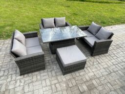 Fimous 7 Seater Rattan Wicker Garden Furniture Patio Conservatory Sofa Set with Height Adjustable Rising Lifting Table Big Footstool in Dark Grey - thumbnail 2