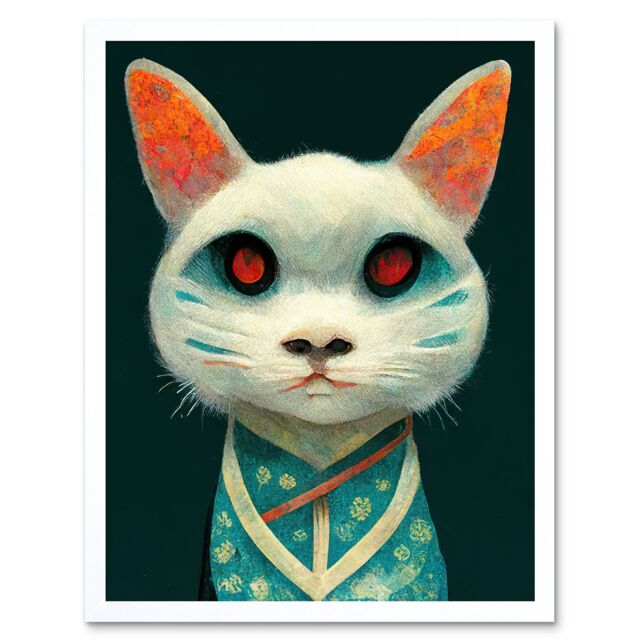 "Artery8 Wall Art Print Nihonga Kimono Cat Japanese Art Framed in White - Size: W12"" x H16""" - image 1