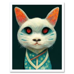 "Artery8 Wall Art Print Nihonga Kimono Cat Japanese Art Framed in White - Size: W12"" x H16""" - thumbnail 1