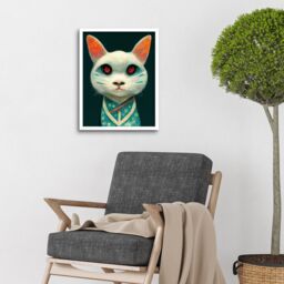 "Artery8 Wall Art Print Nihonga Kimono Cat Japanese Art Framed in White - Size: W12"" x H16""" - thumbnail 2