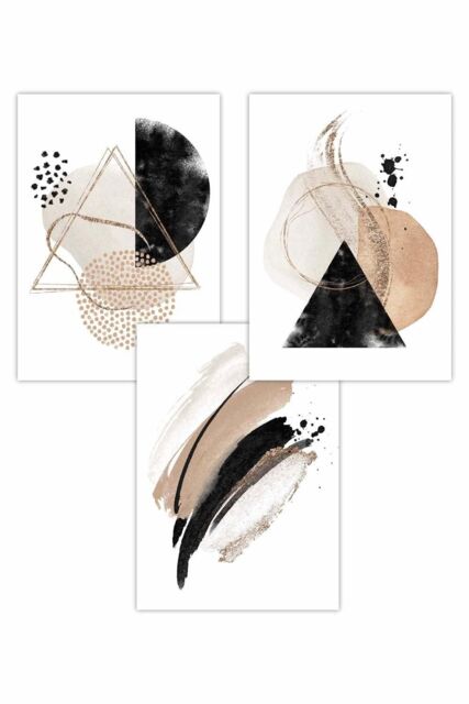 ARTZE Set of 3 Abstract Black Beige Watercolour Shapes Art Posters in Light Beige - Size: W50 cm x H70 cm - image 1