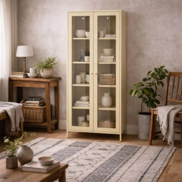 Wyld Haus Barla Beige Steel Display Cabinet 2 Glass Doors 4 Shelves - image 1