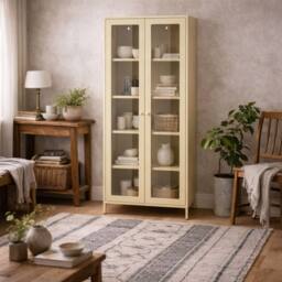 Wyld Haus Barla Beige Steel Display Cabinet 2 Glass Doors 4 Shelves