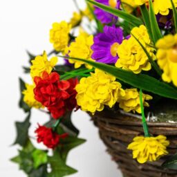 Primrose Artificial Wildflower Flowers Rattan Hanging Basket Decoration Purple Yellow & Orange 25cm in Green - thumbnail 4