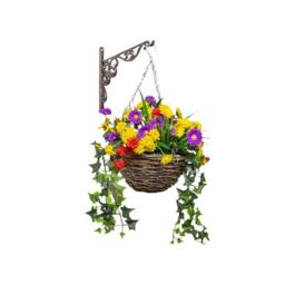 Primrose Artificial Wildflower Flowers Rattan Hanging Basket Decoration Purple Yellow & Orange 25cm in Green