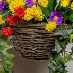 Primrose Artificial Wildflower Flowers Rattan Hanging Basket Decoration Purple Yellow & Orange 25cm in Green - thumbnail 5