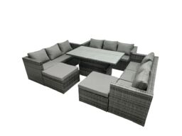 Fimous Rattan Dining Table Sofa Set with 2 Big Stool Outdoor 11 Seat in Dark Grey - thumbnail 2