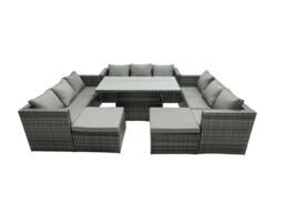 Fimous Rattan Dining Table Sofa Set with 2 Big Stool Outdoor 11 Seat in Dark Grey - thumbnail 1