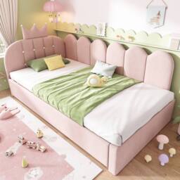 Merax 3FT Crown Upholstered Daybed With Pull Out Trundle Bed in Pink - Size: Single - thumbnail 1