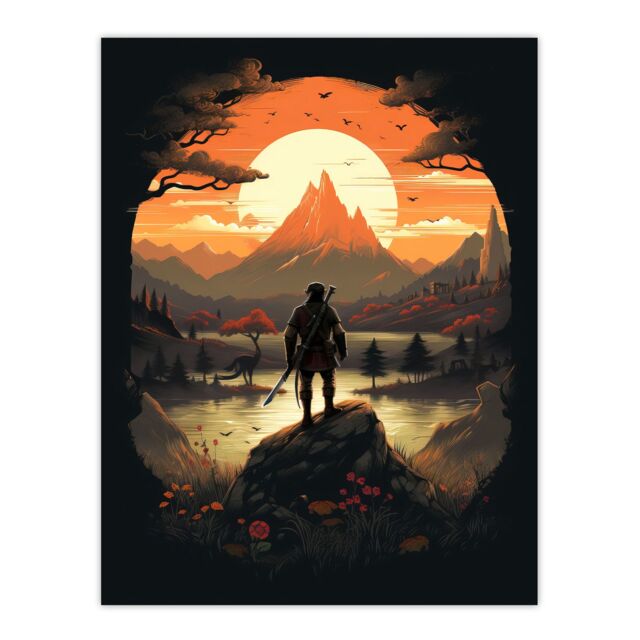 Artery8 Wall Art Print Samurai Master Looking at Sunset Horizon Dramatic Painting Black Orange Cherry Blossoms Flowers & Pine Trees in Japan Mountain - image 1