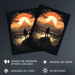 Artery8 Wall Art Print Samurai Master Looking at Sunset Horizon Dramatic Painting Black Orange Cherry Blossoms Flowers & Pine Trees in Japan Mountain - thumbnail 2
