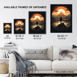 Artery8 Wall Art Print Samurai Master Looking at Sunset Horizon Dramatic Painting Black Orange Cherry Blossoms Flowers & Pine Trees in Japan Mountain - thumbnail 3