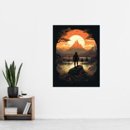 Artery8 Wall Art Print Samurai Master Looking at Sunset Horizon Dramatic Painting Black Orange Cherry Blossoms Flowers & Pine Trees in Japan Mountain - thumbnail 4