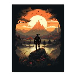 Artery8 Wall Art Print Samurai Master Looking at Sunset Horizon Dramatic Painting Black Orange Cherry Blossoms Flowers & Pine Trees in Japan Mountain - thumbnail 1