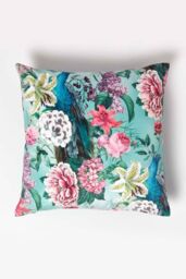 Homescapes Floral Peacock Pink & Green Filled Velvet Cushion 46 x 46 cm - thumbnail 1