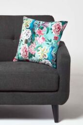 Homescapes Floral Peacock Pink & Green Filled Velvet Cushion 46 x 46 cm - thumbnail 2