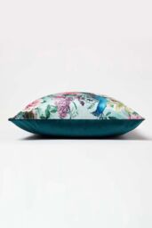 Homescapes Floral Peacock Pink & Green Filled Velvet Cushion 46 x 46 cm - thumbnail 4