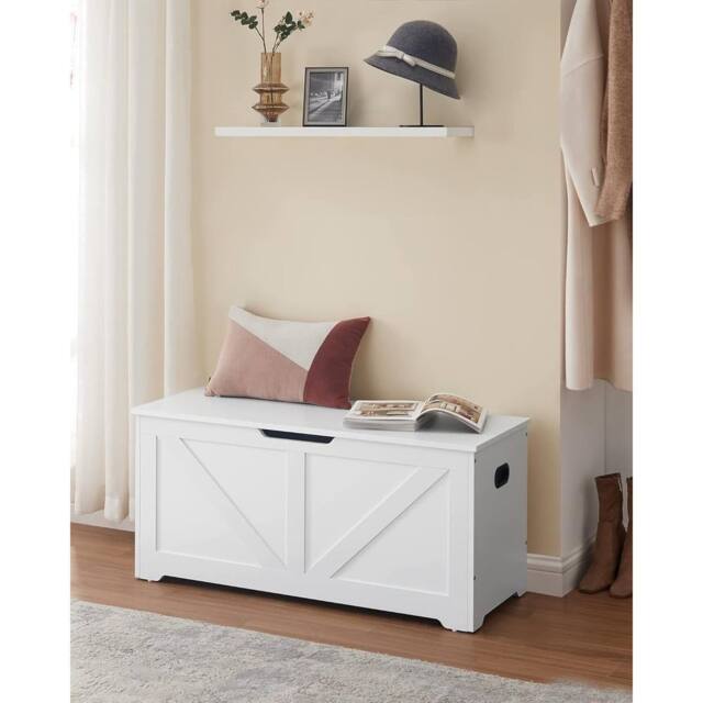 VASAGLE Large Farmhouse Storage Bench Blanket Box Safety Hinges Chest in White - image 1