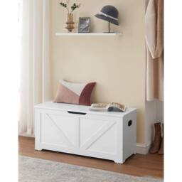 VASAGLE Large Farmhouse Storage Bench Blanket Box Safety Hinges Chest in White - thumbnail 1