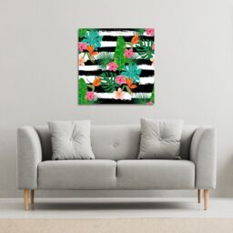 Benjamin Tate Design Tropical Plants on Black & White Stripes (Canvas Print) / 127 x 127 x 4cm in Natural - Size: 127 x 127 x 4 cm - thumbnail 1
