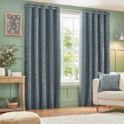 Wylder Nature Grantley Floral Jacquard Eyelet Curtain Pair in Blue - Size: 168 cm width x 183 cm drop - thumbnail 1