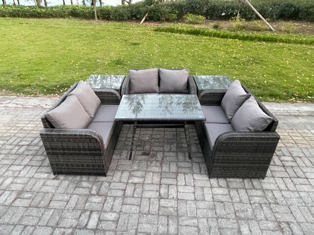 Fimous Rattan Garden Furniture Set 6 Seater Patio Outdoor Love Sofa Set with Rectangular Dining Table 2 Side Tables in Dark Grey - image 1