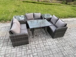 Fimous Rattan Garden Furniture Set 6 Seater Patio Outdoor Love Sofa Set with Rectangular Dining Table 2 Side Tables in Dark Grey - thumbnail 2